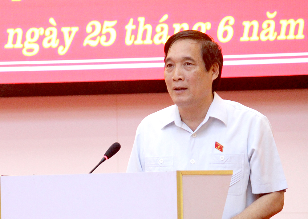 Trưởng Đoàn ĐBQH tỉnh Bùi Minh Châu phát biểu tại buổi tiếp xúc