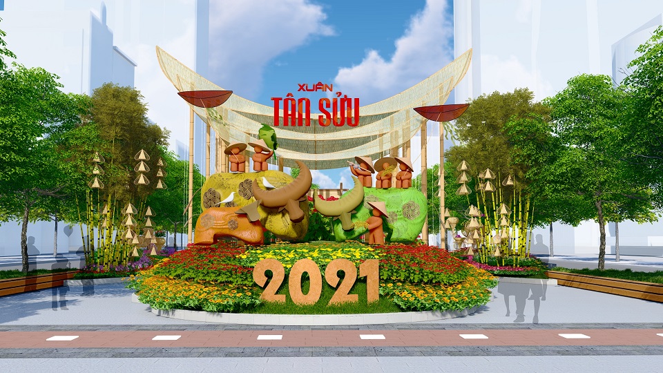 	Phối cảnh linh vật trên Đường hoa Nguyễn Huệ Tết Tân Sửu 2021