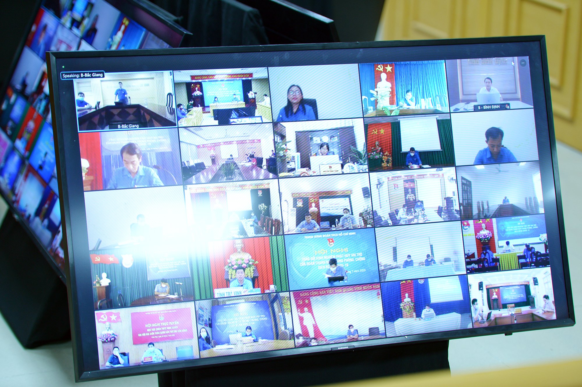 Các điểm cầu tại 63 tỉnh, thành Đoàn tham gia Hội nghị bằng hình thức trực tuyến