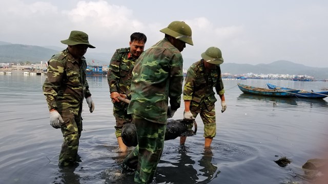 	Lực lượng chức năng trục vớt xử lý quả ngư lôi nặng gần 100 kg tại Quảng Ngãi.