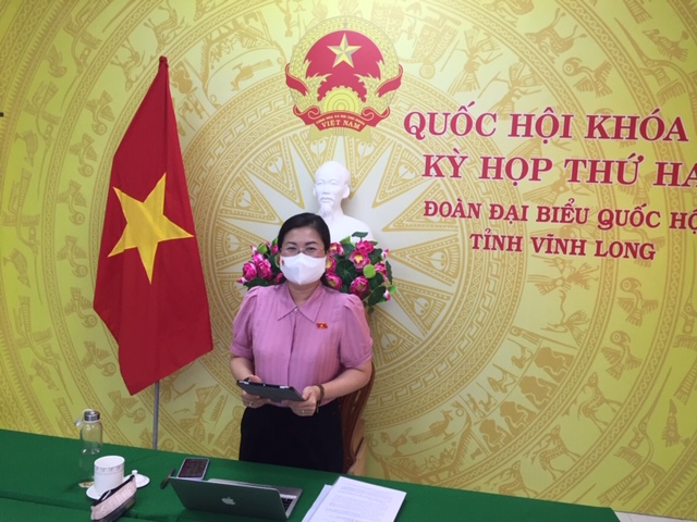 ĐBQH Nguyễn Thị Minh Trang phát biểu thảo luận trực tuyến tại điểm cầu Đoàn ĐBQH tỉnh Vĩnh Long - ảnh Hữu Tài