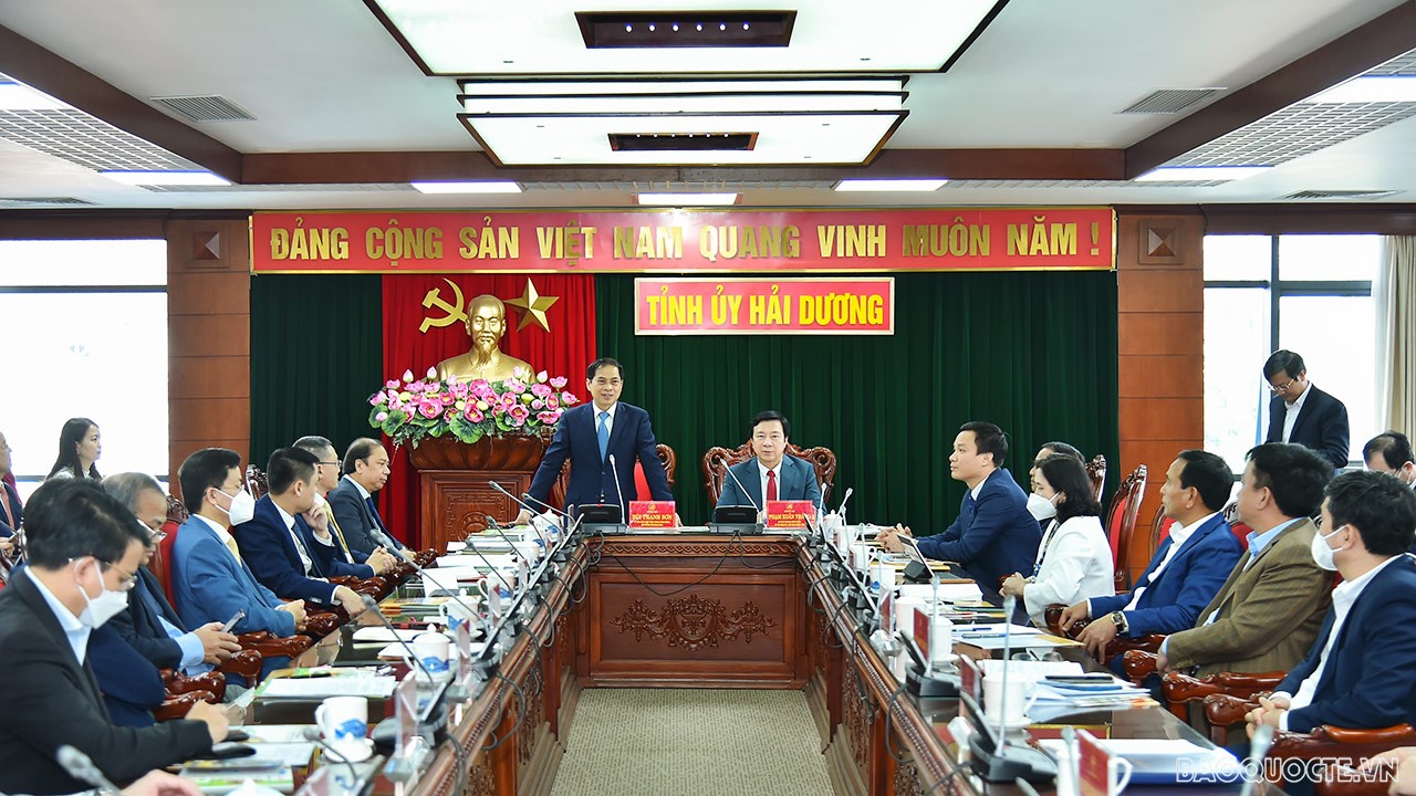 Ủy viên Trung ương Đảng, Bộ trưởng Ngoại giao Bùi Thanh Sơn phát biểu tại buổi làm việc. Nguồn: ITN