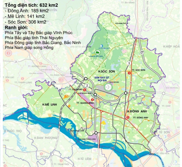 Sơ đồ phát triển không gian vùng phía Bắc sông Hồng gồm 3 huyện Mê Linh, Đông Anh, Sóc Sơn Ảnh: ITN