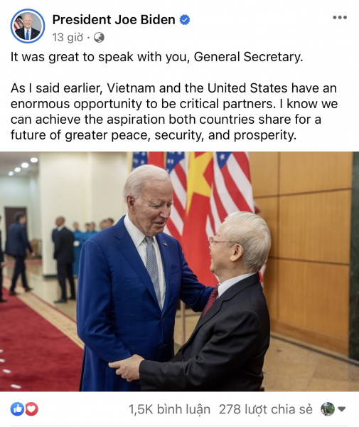 Tổng thống Biden: Cảm ơn sự ấm áp từ Việt Nam, khẳng định đây là chuyến thăm lịch sử -0