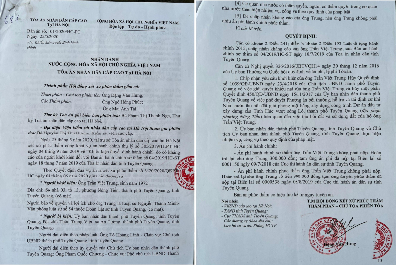 TAND Cấp cao tuyên huỷ quyết định của Chủ tịch TP Tuyên Quang, yêu cầu thực hiện đúng pháp luật -0