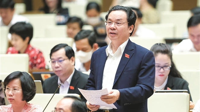 ĐBQH Hoàng Văn Cường (TP. Hà Nội) phát biểu tại hội trường	  Ảnh: Hồ Long
