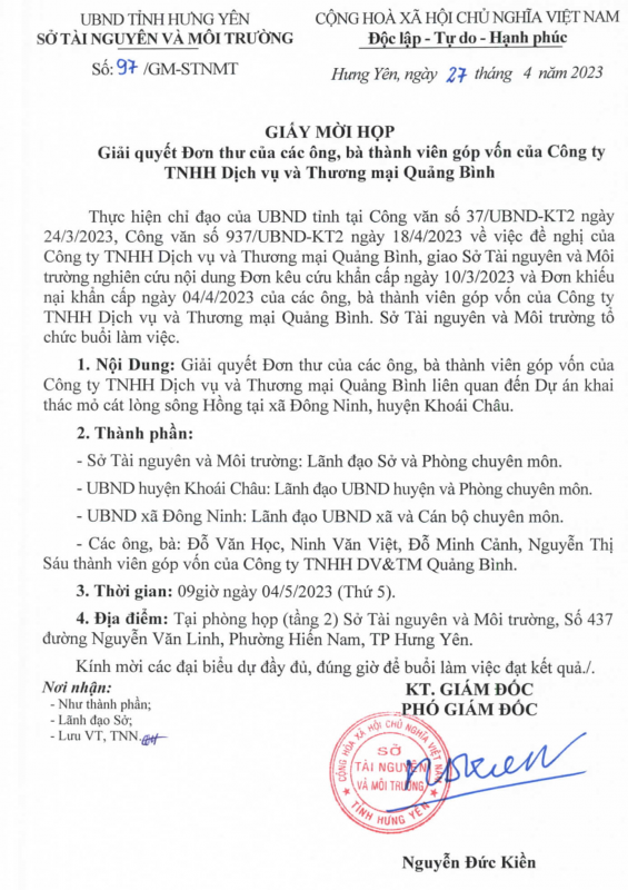 Tỉnh Hưng Yên giao Sở TN&MT nghiên cứu đơn kêu cứu khẩn cấp của các thành viên góp vốn Công ty TNHH DV&TM Quảng Bình -0