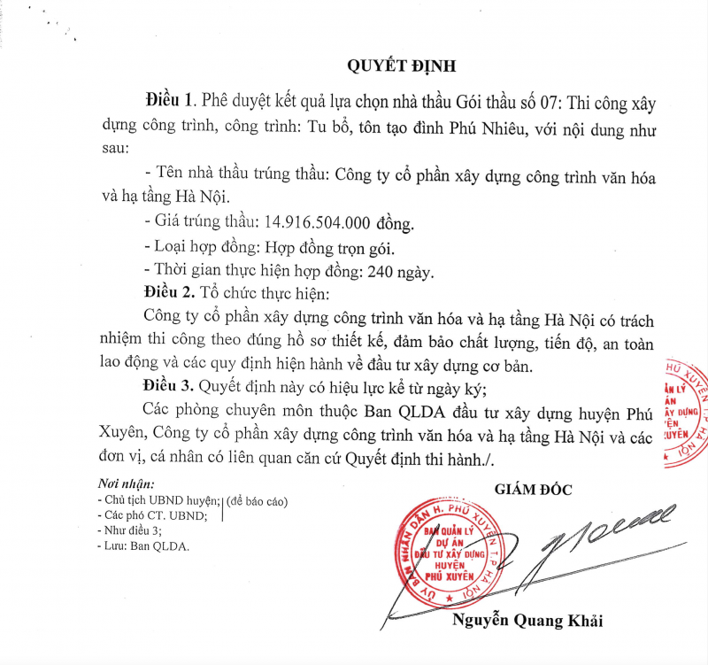 Hàng loạt gói thầu do Ban QLDA huyện Phú Xuyên làm chủ đầu tư có tỷ lệ tiết kiệm ngân sách “gần bằng 0” -0