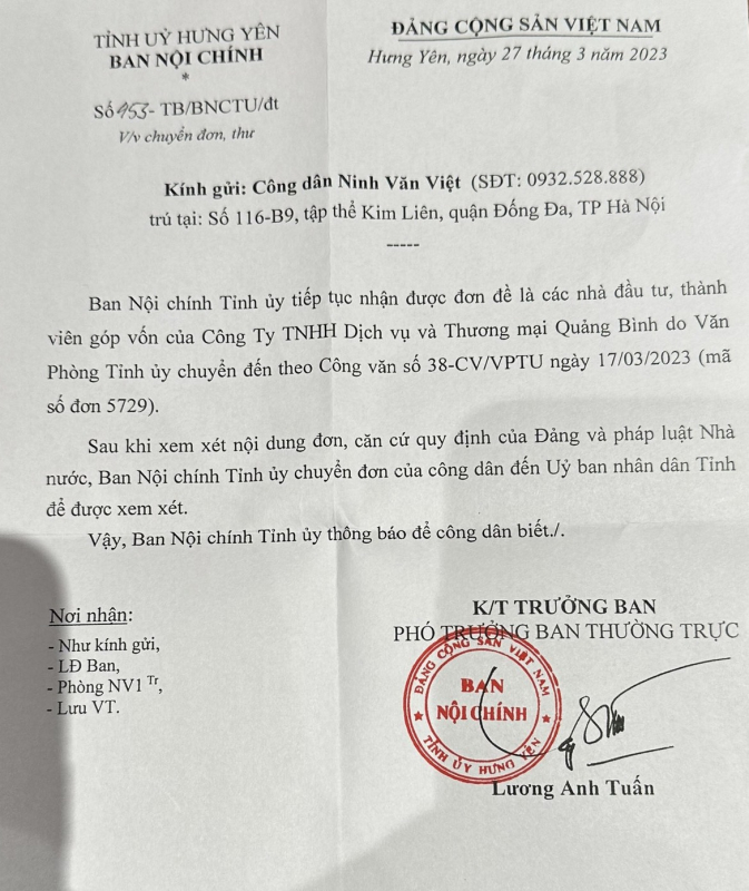 Thanh tra Bộ Kế hoạch và Đầu tư đề nghị UBND tỉnh Hưng Yên giải quyết đơn thư của đại diện Công ty TNHH Dịch vụ và Thương mại Quảng Bình -0