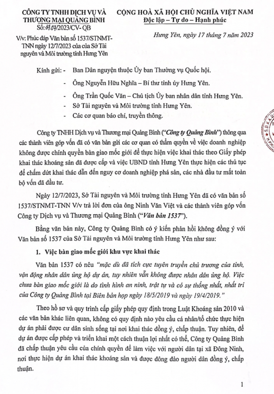 Công ty Quảng Bình kêu cứu, đưa ra nhiều căn cứ phản đối trả lời của Sở TN&MT tỉnh Hưng Yên trong việc không gia hạn cấp giấy phép mỏ cát -0