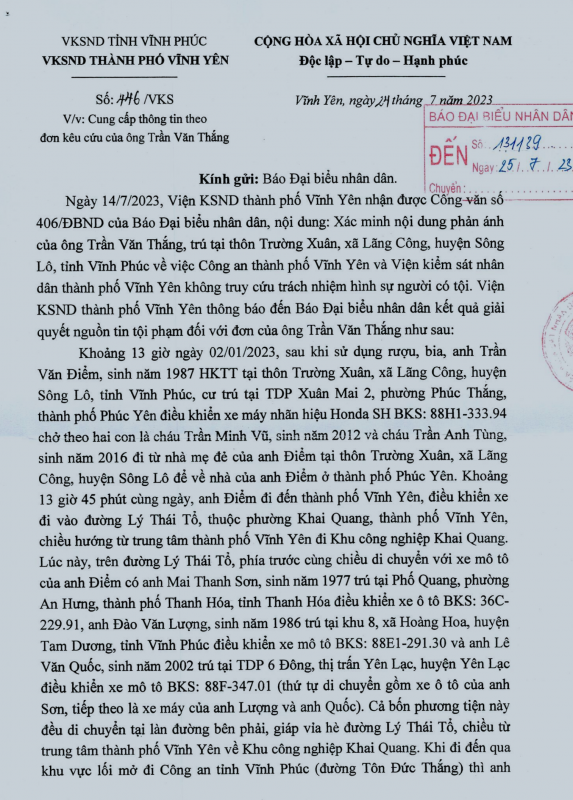 VKSND TP Vĩnh Yên phản hồi đơn thư phản ánh việc không truy cứu trách nhiệm hình sự người có tội -0