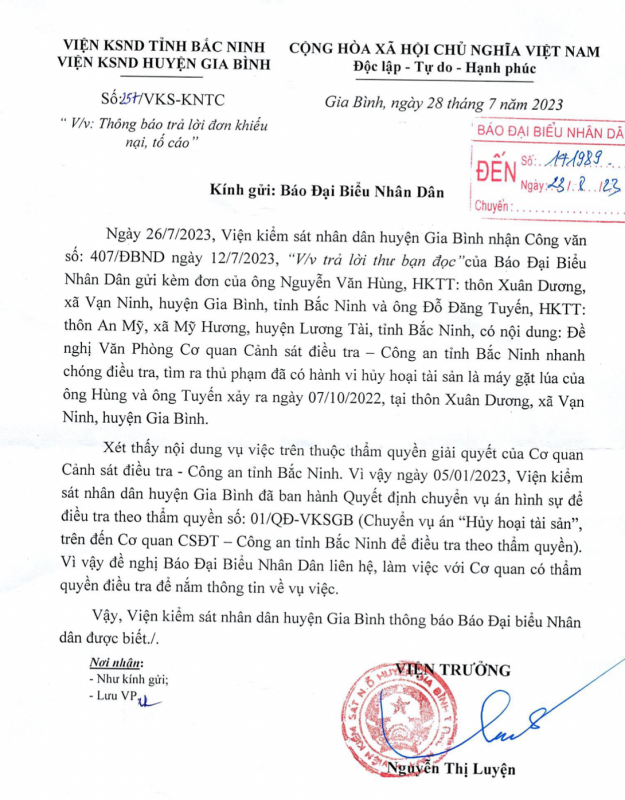 Huyện Gia Bình (Bắc Ninh): Viện KSND huyện Gia Bình đề nghị Công an tỉnh Bắc Ninh nhanh chóng điều tra, tìm ra thủ phạm có hành vi huỷ hoại tài sản -0