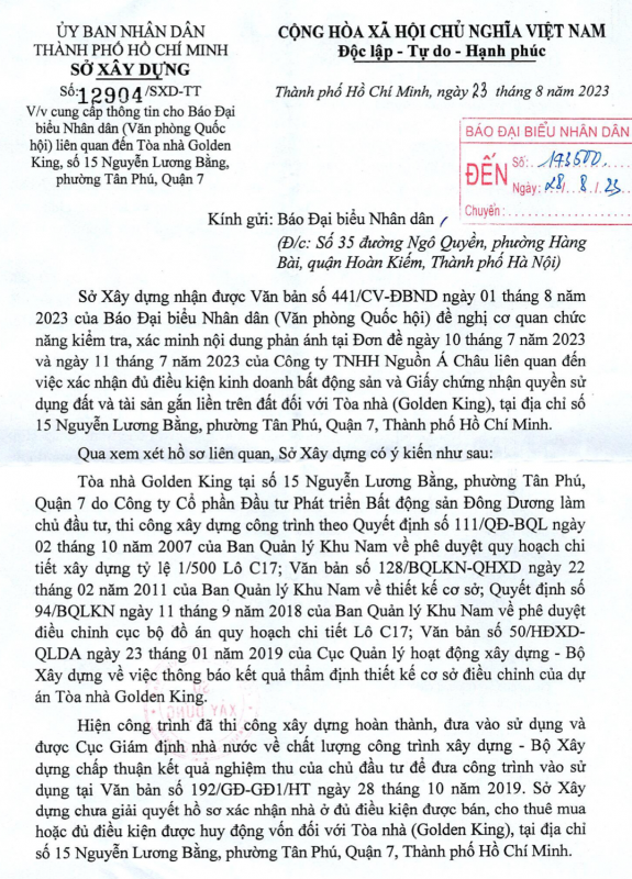 Sở Xây dựng TP. Hồ Chí Minh phản hồi đơn thư phản ánh liên quan đến Toà nhà Golden King -0