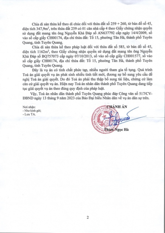 Toà án nhân dân thành phố Tuyên Quang phúc đáp đơn phản ánh của cử tri gửi Báo Đại biểu Nhân dân -0