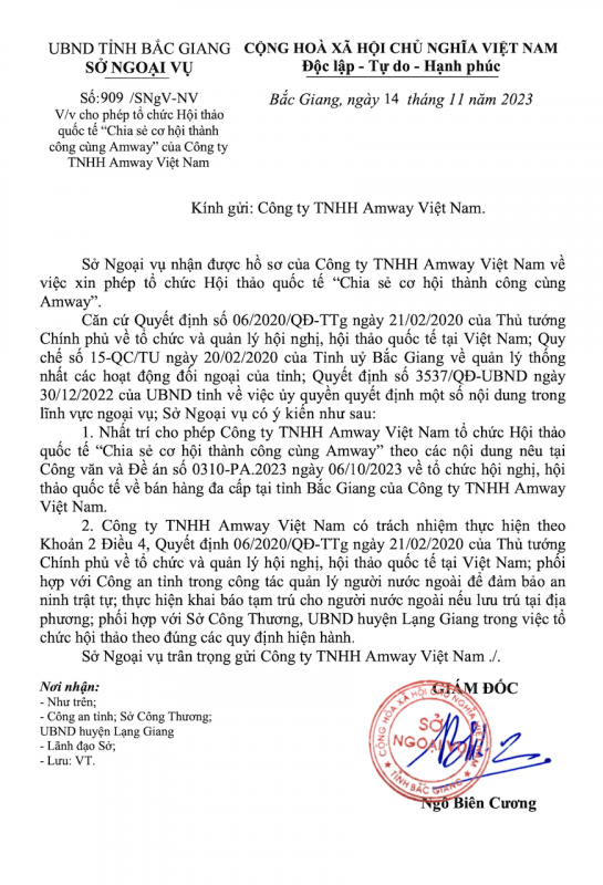 Tại sao Sở Ngoại vụ Bắc Giang nhất quyết đồng ý Công ty TNHH Amway Việt Nam tổ chức hội thảo bán hàng đa cấp? -0