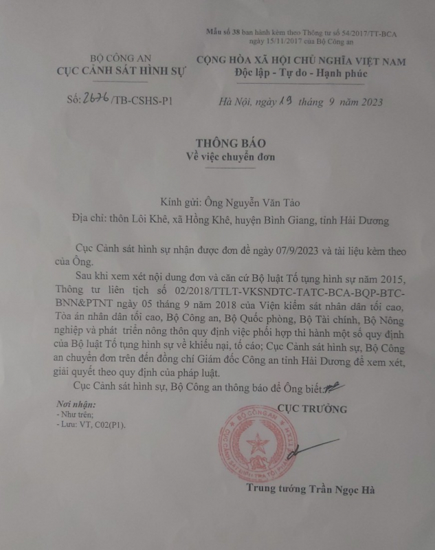 Ban Nội chính Trung ương, Cục Cảnh sát Hình sự đề nghị Công an tỉnh Hải Dương giải quyết tố cáo của công dân -0