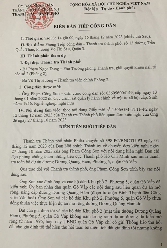 Ban Nội chính Thành uỷ TP. Hồ Chí Minh chuyển đơn đến Bí thư quận uỷ quận Gò Vấp đề nghị xem xét, giải quyết kiến nghị của tập thể người dân -0