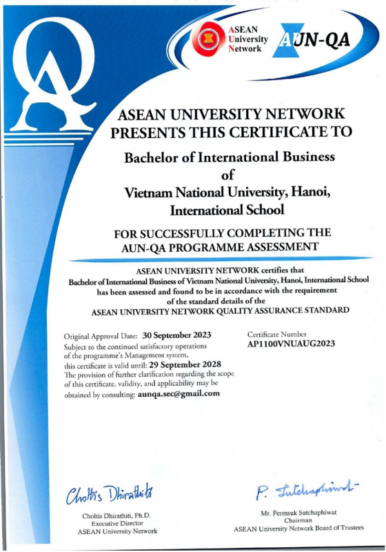 Trường Quốc tế có 2 chương trình đào tạo đạt chuẩn AUN-QA -0
