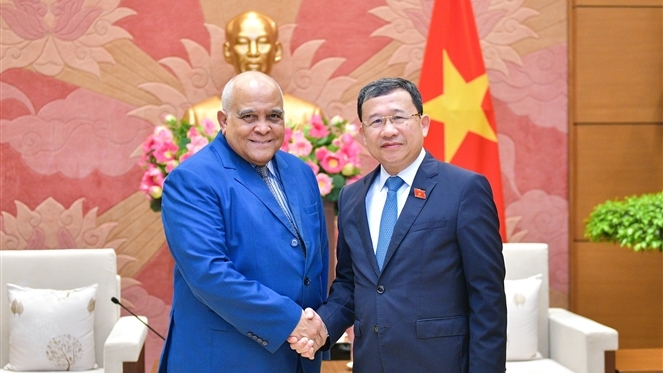 Chủ nhiệm Ủy ban Đối ngoại Vũ Hải Hà bắt tay Đại sứ Cuba tại Việt Nam - ảnh: T.Chi 