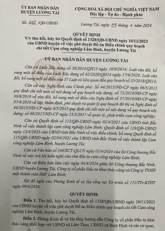 Chính thức huỷ bỏ quyết định của UBND huyện Lương Tài về việc phê duyệt Đồ án Điều chỉnh quy hoạch chi tiết CCN Lâm Bình -0