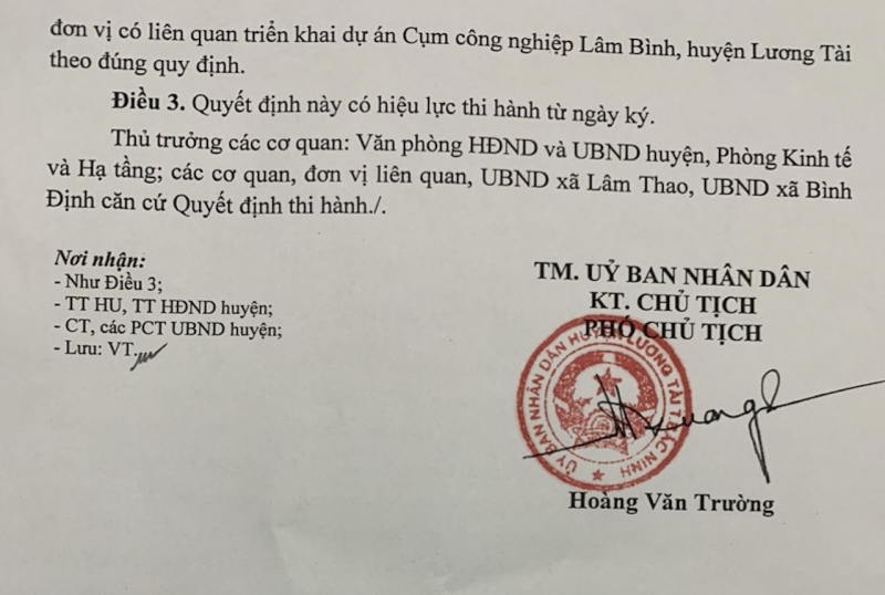 Chính thức huỷ bỏ quyết định của UBND huyện Lương Tài về việc phê duyệt Đồ án Điều chỉnh quy hoạch chi tiết CCN Lâm Bình -0