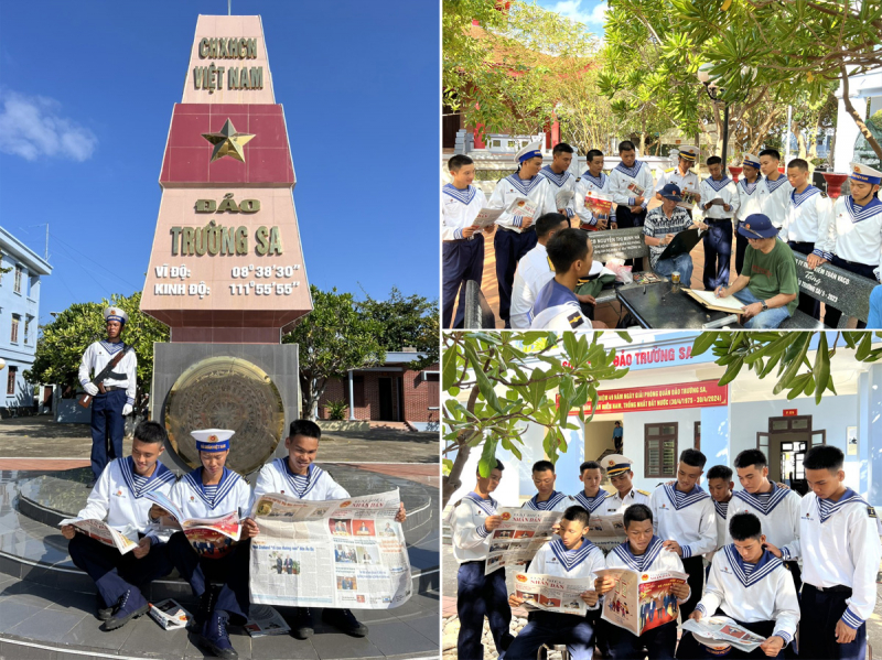 Các chiến sĩ đảo Trường Sa phấn khởi, chăm chú đọc Báo Đại biểu Nhân dân 