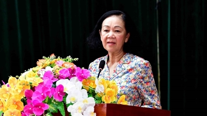 Ủy viên Bộ Chính trị, Thường trực Ban Bí thư Trương Thị Mai phát biểu tại hội nghị. Ảnh Bùi Hiển