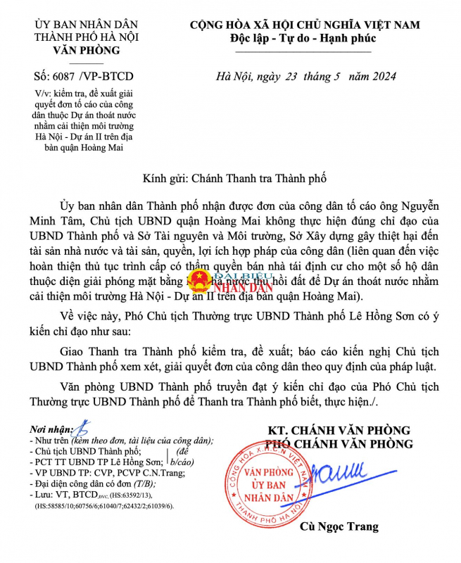 Hà Nội: Giao Thanh tra Thành phố kiểm tra đơn của công dân tố cáo Chủ tịch UBND quận Hoàng Mai -0
